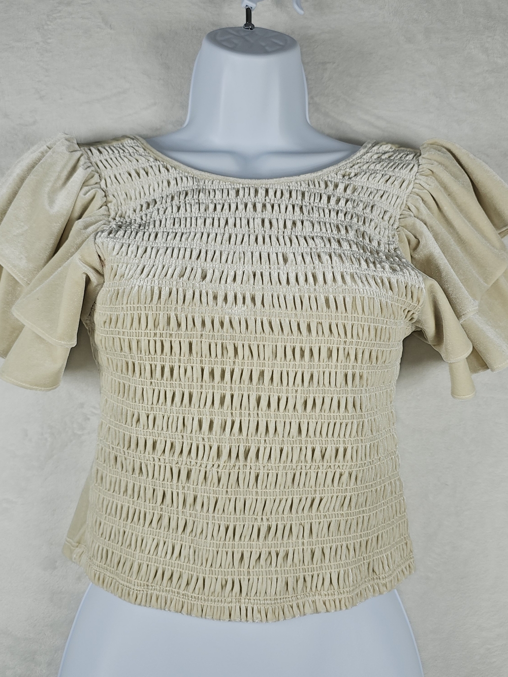 Evolutionary Smocked Top Ivory Cream Puff Flutter Sleeve Textured Blouse Large
